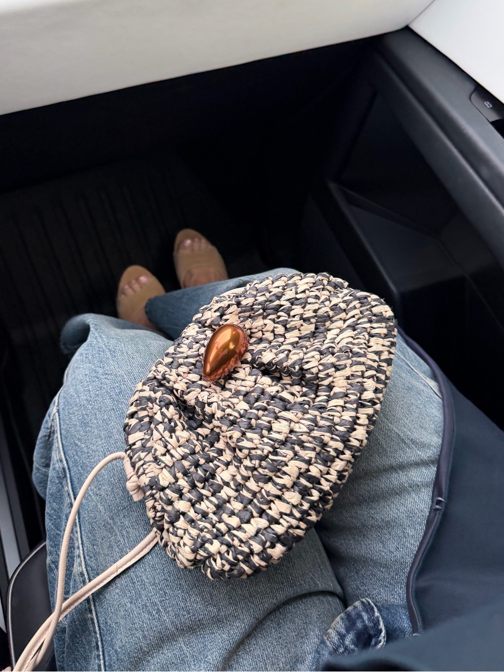 Neutral Two-Tone Woven Crossbody Bag with Accent Brooch, turns into a clutch